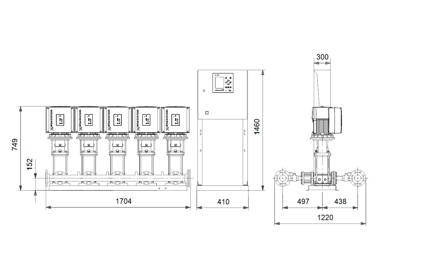 Vertikale Druckerhöhungsanlage von Grundfos mit fünf Pumpen, Steuerungseinheit und Anschlussleitungen, in einer technischer Anordnung mit Maßangaben.